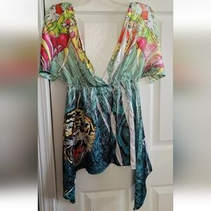 NWT Women's Ed Hardy by Christian Audigier Tiger Rhinestone Shirt Top Size S